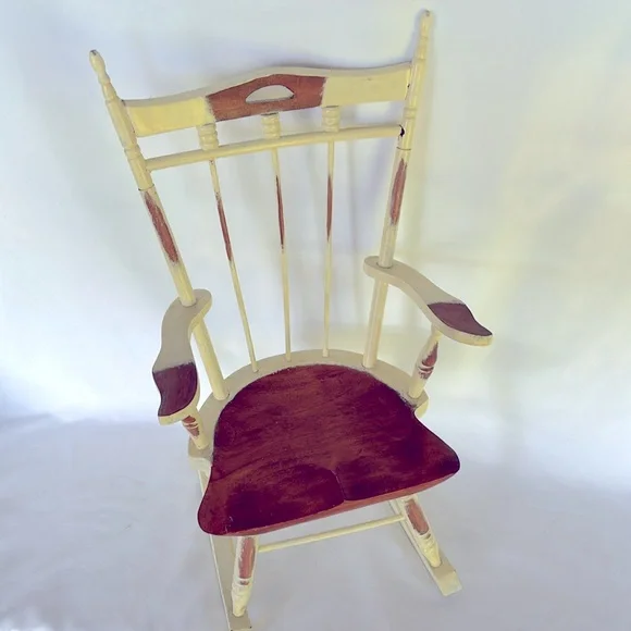 VINTAGE 2001 ETHAN ALLEN FRENCH COUNTRY Wooden Rocking Chair in Cream and Brown - Picture 3 of 10